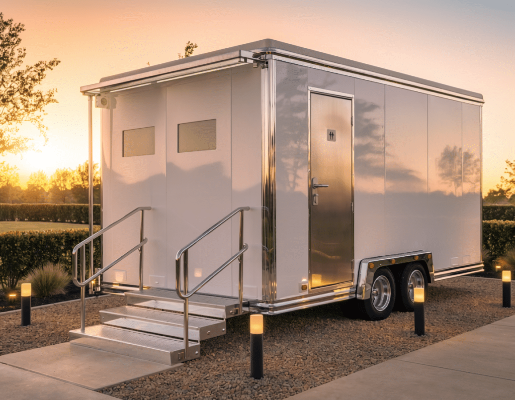 Potty Time USA luxury restroom trailer parked and ready for an outdoor event in Michigan