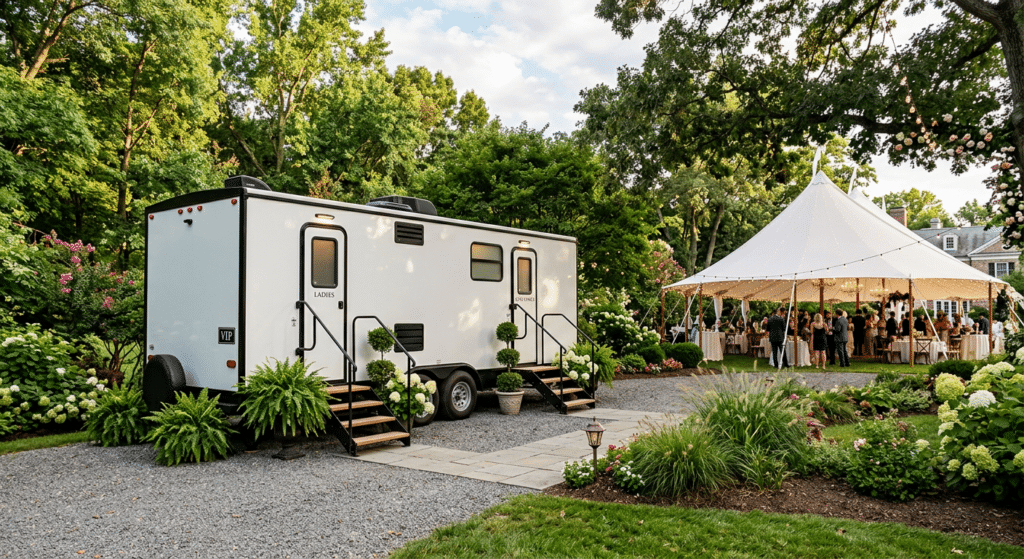 Luxury restroom trailer positioned at an outdoor wedding venue in Macomb County, Michigan